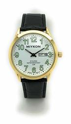 Mens Water Resistant Miykon Watch Day Date Leather Band Fashion Watch White Dial Green Number