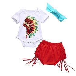 Newborn Infant Fashion Outfits Set Baby Girls Boys Indian Print Romper Shorts Headband Clothes Set 3PCS White 12-18 Months