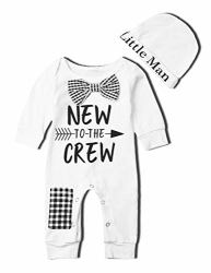 2PCS Newborn Baby Boy Fall Outfits Set New To The Crew White Pajamas Jumpsuit Romper+little Man Letter Print Hat Jumpsuit Style-black 0-3 Months