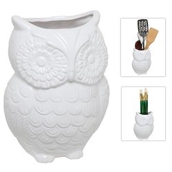 MyGift White Owl Design Ceramic Cooking Utensil Holder Multipurpose Kitchen Storage Crock