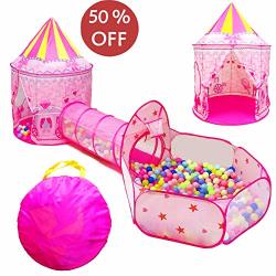 Lojeton 3PC Girls Princess Fairy Tale Castle Play Tent Crawl Tunnel & Ball Pit With Basketball Hoop For Kids Toddlers Indoor & Outdoor Playhouse Pink Oval Tunnel