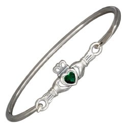 Sterling Silver Green Cubic Zirconia Irish Claddagh Bangle Bracelet