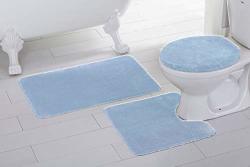 Elegant Homes 3 Piece Bathroom Rug Set Bath Rug Contour Mat Lid Cover Non-slip With Rubber Backing Solid Color Angela Light Blue