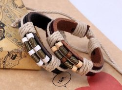 Brown Retro Antique Diy Leather Bracellet Bangle With Metal Spring Wooden Beads