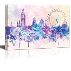 WALL26 - Hues Of Purples And Pinks Splattered Paint On The City Of London With The Big Ben And The London Eye - Canvas