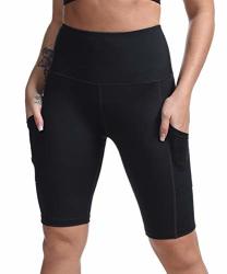 Dilanni Women's 8" High Waist Yoga Shorts Side Pocket Tummy Control Workout Running Athletic Short Pants Black Medium