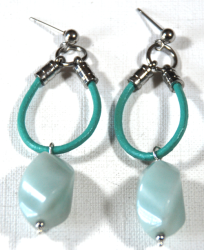Atenea Handmade Natural Amazonite & Pale Green Leather Earrings With Stainless Steel Studs