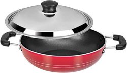 Non-stick Coating Kadai Fry Pan With Steel Lid 2.6 Mm Red Valentine Day Gifts