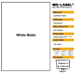 Mr-Label White Matte Waterproof Vinyl Sticker Paper - Full Letter Sheet Label - Inkjet/Laser Compatible - for Home Business (25 Sheets/25 Labels)