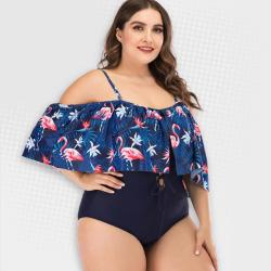 Women's Plus Size Blue Flamingo Frill Swimwear - 2XL