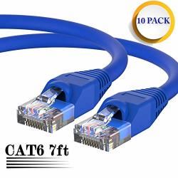 CAT6 Ethernet Cable 7 Feet - 10 Pack Pure Copper 550MHZ 24 Awg Stranded Cm cmg Rated Snagless Boot Patch Lan Network Cord Blue