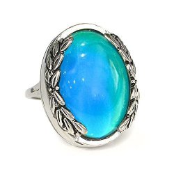 Fun Jewels Antique Silver Color Plating Multi Color Change Oval Stone Leaf Statement Mood Ring Size 6 -10