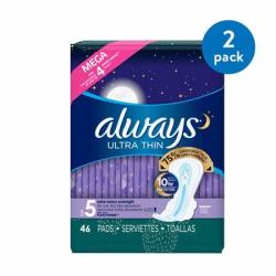 Always Ultra Thin Size 5 Extra Heavy Overnight Pads With Wings Unscented 2 Packs Of 46 92 Ct