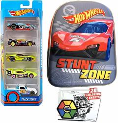 Stunt Zone Hot Wheels Play Set Racing Fun Car Backpack Bundled With 5-PACK Vehicles Car Theme Coloring Sheets In School MINI Bag 2 Items