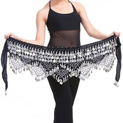 Calcifer Belly Dance Belt Wrap Hip Scarf Skirt Waistband With 320 Coins Black&silver Coins One Size