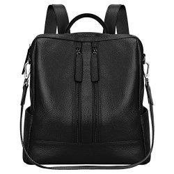 S-zone Lightweight Women Genuine Leather Backpack Casual Shoulder Bag Purse Medium Black