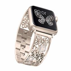 Secbolt Carved Flower Bling Bands Compatible With Apple Watch Band 42MM 44MM Iwatch Series 5 4 3 2 1 Stainless Steel Dressy Jewelry Diamond Bracelet Bangle Wristband Women Champagne Gold