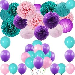 Sorive Mermaid Birthday Party Supplies under The Sea Party 36PCS Teal Pink Purple Paper Pom Pom Paper Lanterns Balloons For Birthday Decor Baby Shower Decorations
