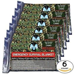 XL Mylatech Survival Reusable Emergency Thermal Blankets |6 Pack 62"X84" Extra Large Camo