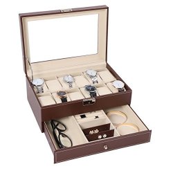 12 Watch Box Watch Display Organizer With Pu Leather Jewelry Display Case With Key&lock Brown With Glass Top