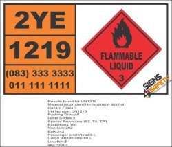 UN1219 Isopropanol Or Isopropyl Alcohol Flammable Liquid 3 Hazchem Placard - Bakkie Plastic 375
