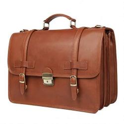 Augus Genuine Leather Briefcase Messenger For Men Business Travel Duffle Laptop Flapover Bag Fit 14 Inch Laptop BROWN-1