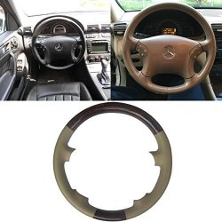 Tan Leather Brown Wood Steering Wheel Protector Cover Cap For 4-SPOKES 2000-2007 Mercedes Benz W203 C Class C230 C240 C280 C350 C43 Amg