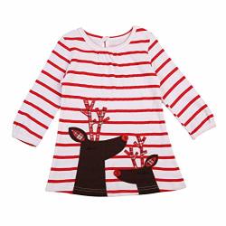 Little Girl Christmas Red Striped Long Sleeve Deer Print Dress Casual Cute Xmas Outfit 100