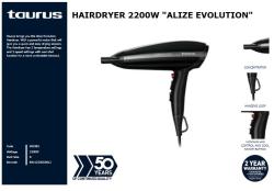 Taurus Hair Dryer With Attachments Plastic Black 3 Speed 2200W "alize Evolution