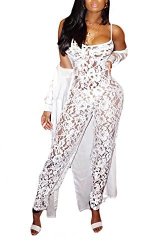 Aro Lora Women's Plunge V Neck Long Sleeve Hollow Out Lace High Waist Long Pant Bodycon Jumpsuit Rompers XL White