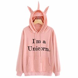 Beautyvan Pullover Tops New Design Womens Unicorn Print Long Sleeve Hoodie Pullover Tops S Pink