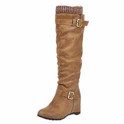 Women's Wedges Wide Calf Western Boots Fheaven Slip-on Knee High Boots Casual Slouchy Boots Khaki