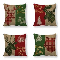 SET OF 4 Venusl Retro Christmas Style Red Green Scottish Plaid Acorn Bear & Elk Deer Decorative Throw Pillow Covers One-side Printed Cotton Linen