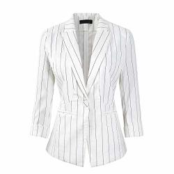 Womens Stripe 3 4 Sleeve Lightweight Office Work Suit Jacket Boyfriend Blazer 191 White M