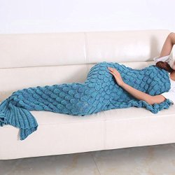 Mermaid Tail Blanket Crochet Warm Mermaid Blanket For Kids Adult Teens Super Soft All Seasons Sleeping Blankets Blue