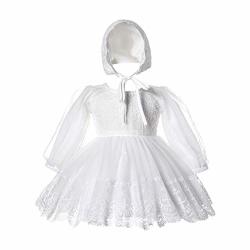 Baptism Dresses For Baby Girls Mesh Tulle Long Sleeve Lace Embroidered Christening Gown With Bonnet Ivory Size 24M 18-24 Months