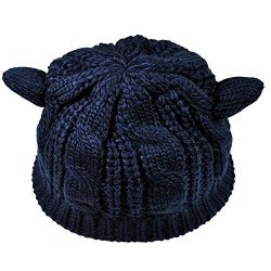 Women's Ainow Acrylic Cat Ears Knit Beige Beanie Hat Navy Blue