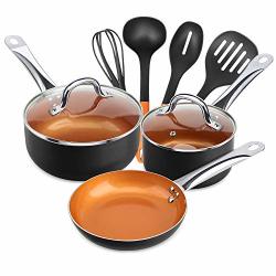 Shineuri 9 Pieces Nonstick Copper Cookware Pans And Pots Set - 8 Inch Frying Pan 1.5 Qt Saucepan And 2.5 Qt Sauce Pan With