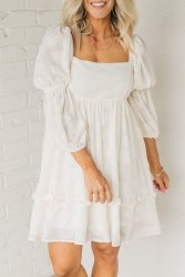 White Jacquard Square Neck Bubble Sleeve Dress - XL SA40 UK16