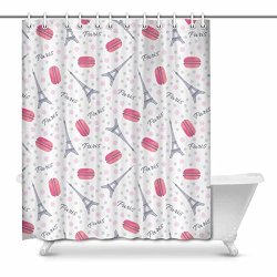 InterestPrint Funny Retro Macaroons Paris Eiffel Tower And Dots Decor Waterproof Polyester Bathroom Shower Curtain Bath Decorations With Hooks 66 X 72 Inches