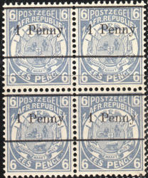 Transvaal 1893 Overprint Unmounted Mint Block Top Pair 13-5mm & Bottom Pair 12-5mm Perf12-5 Reprints