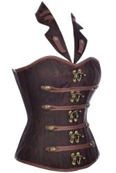 SATIN Brown Leather Steampunk Corset With Collar - As Shown M