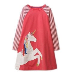 Isabelakids Girls Cotton Long Sleeve Casual Cartoon Appliques Striped Jersey Dresses 5T Red Unicorn