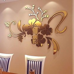 Koolee 3D Mirror Wall Sticker 3D Love Floral Decal Diy Home Room Stick Wall Removable Sticker 40 60CM Art Mural Decor Gold