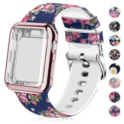 Compatible For Apple Watch Band With Screen Protector Case Soft Silicone Sport Wristband For Apple Watch Iwatch Series 3 2 1 38MM Blue Rose