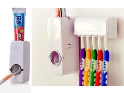 Automatic Toothpaste Dispenser + 5 Toothbrush Holder Stand Wall Mounted Bathroom
