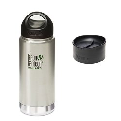 16 Oz. Klean Kanteen Wide Mouth Vacuum Insulated Water Bottle With Loop Cap And Cafe Cap - Brushed Stainless Steel