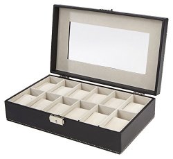 EMS Mind Reader LLC Mind Reader Watch Box Organizer Case Fits 12 Watches Mens Jewelry Display Drawer Storage Pu Leather Black