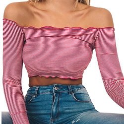 Respctful Casual Off Shoulder Long Sleeve Exposed Navel Striped Top For Women Red XL