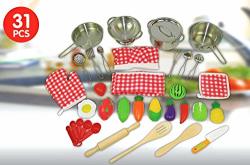 Oojami 31 Pcs Fun Toddler Kitchen Pretend Play Accessories Play Set Stainless Steel Pots And Pans Includes A Chef Hat And Apron Includes Fruits